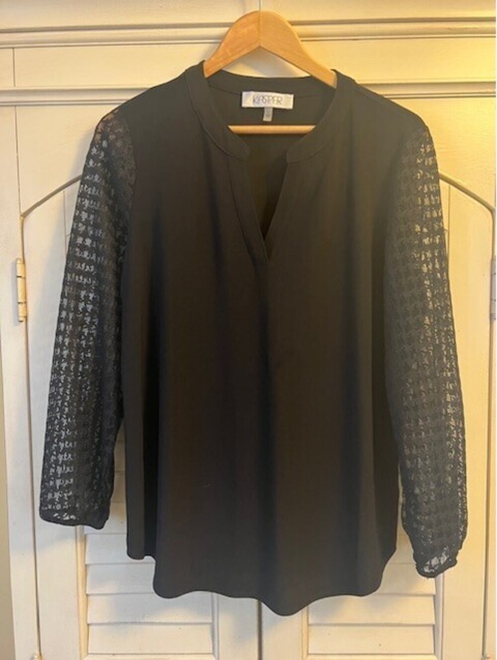 Kasper Women's Black Split Neck Lace Sleeve Blouse- Size L